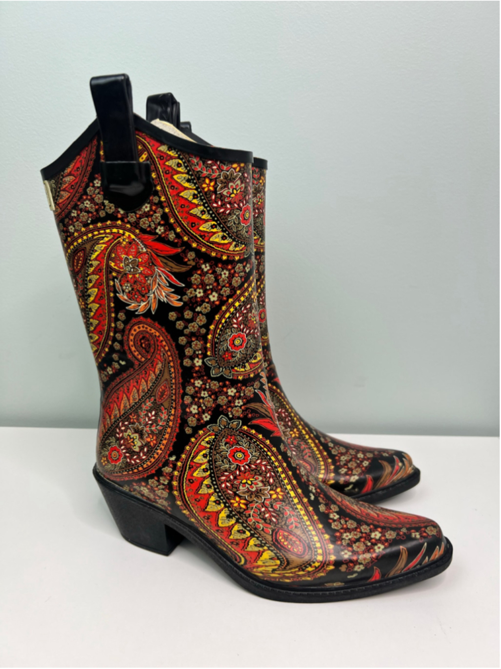 Multi Color Psychedelic Paisley Rubber Rain Boots Western Pointed Toe Size 9